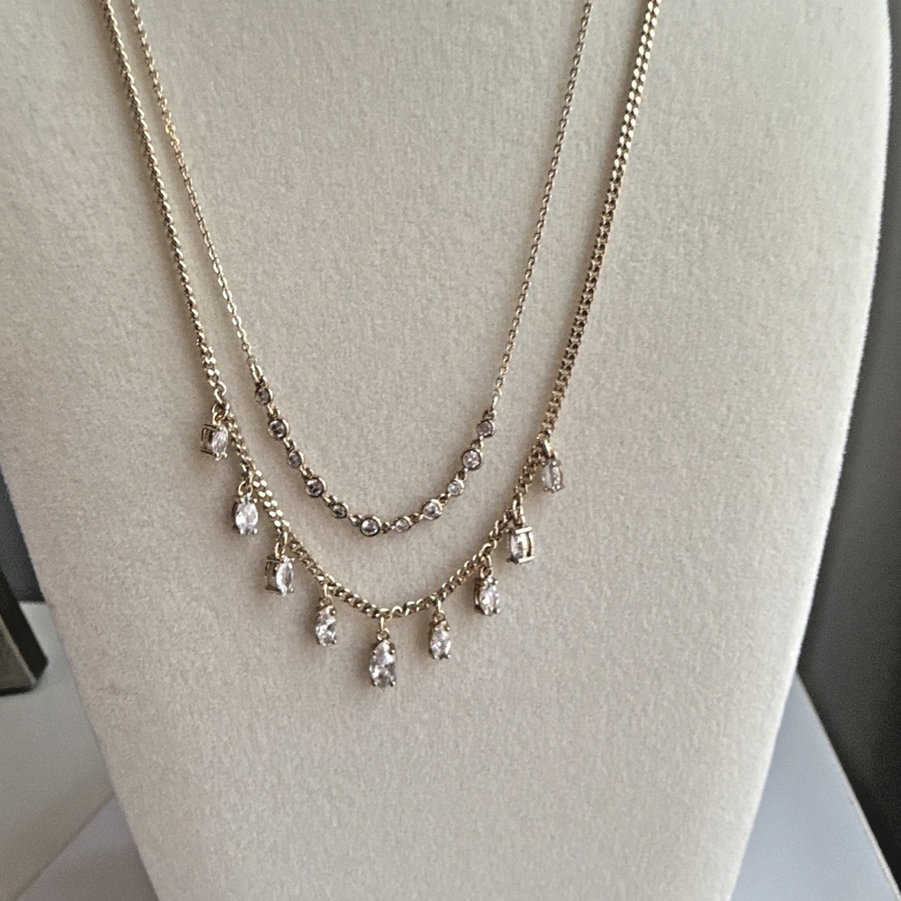 GIVENCHY Gold Tone Layered Double Strand Clear Crystal Teardrop Charm Necklace